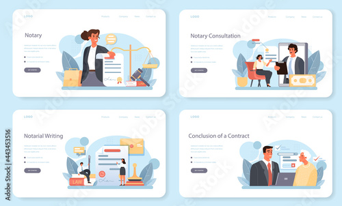 Notary service web banner or landing page set. Professional lawyer signing