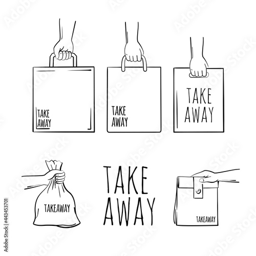 A hand with a package. A set in the sketch style. The concept of the theme "Takeaway food". Vector, isolated, black on white background.