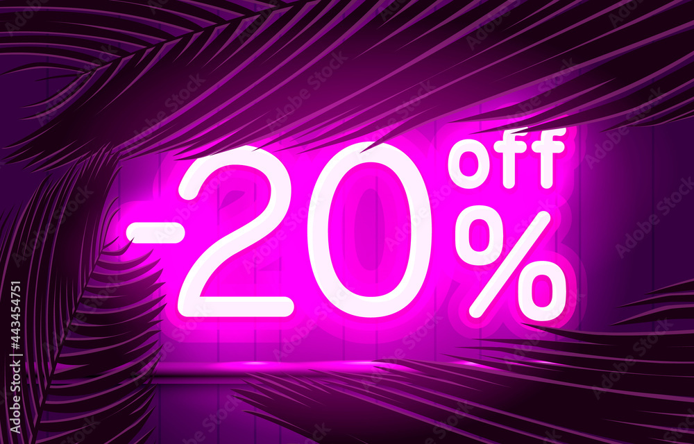 Neon frame 20 off text banner, summer bar promotion. Night Sign board. Vector Neon frame 20 off text banner, summer bar promotion. Night Sign board. Vector