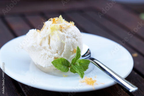 Eis, Vanilleeis mit Minze auf Teller