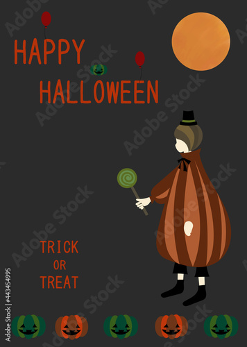 お菓子を持ったカボチャのハロウィン仮装をした子供とロゴ、満月、ジャックオーランタンのフレーム