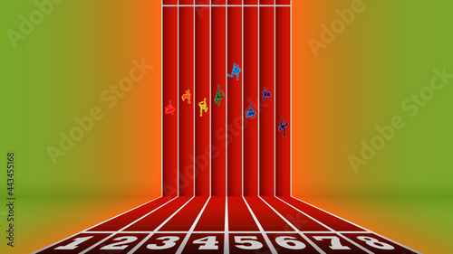 Athletes running in abstract athletic track from top view.