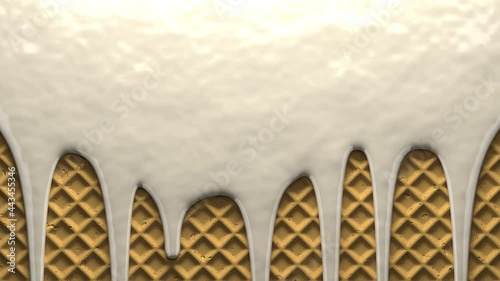 Milk ice cream drips on waffle cookie. Viscous sweet white liquid flowing down the surface in streams, melting drops forming streaks. 3D animation, alpha channel as matte mask included.