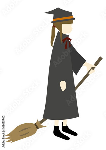 手描きイラスト素材：ハロウィンの仮装をした子供（ホウキを持った魔女）