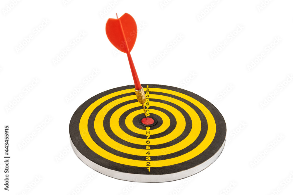 Red dart arrow on center of dartboard isolated on white background, target success, business goal achievement concept Red dart arrow on center of dartboard isolated on white background, target success, business goal achievement concept
