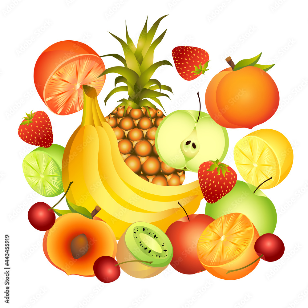 Colourful sweet fruits collection illustration. Vector different natural organic products isolated on white background. Vegan healthy food. Delicious cut citrouses. Garden berries. Bunch of bananas.
Colourful sweet fruits collection illustration. Vector different natural organic products isolated on white background. Vegan healthy food. Delicious cut citrouses. Garden berries. Bunch of bananas.