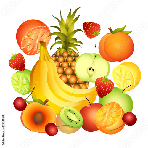 Fototapeta Naklejka Na Ścianę i Meble -  Colourful sweet fruits collection illustration. Vector different natural organic products isolated on white background. Vegan healthy food. Delicious cut citrouses. Garden berries. Bunch of bananas.
