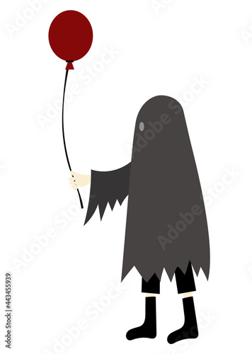 手描きイラスト素材：ハロウィンの仮装をした子供（赤い風船を持ったオバケ