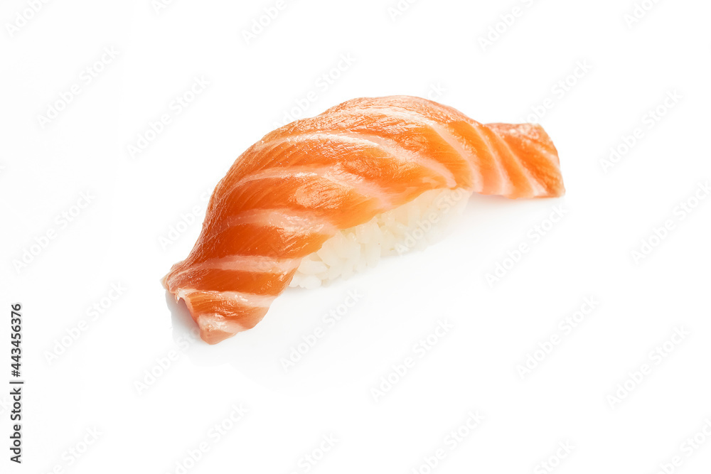 Appetizing nigiri sushi with salmon. Classic Japanese cuisine. Food delivery. Isolated on white. Appetizing nigiri sushi with salmon. Classic Japanese cuisine. Food delivery. Isolated on white.