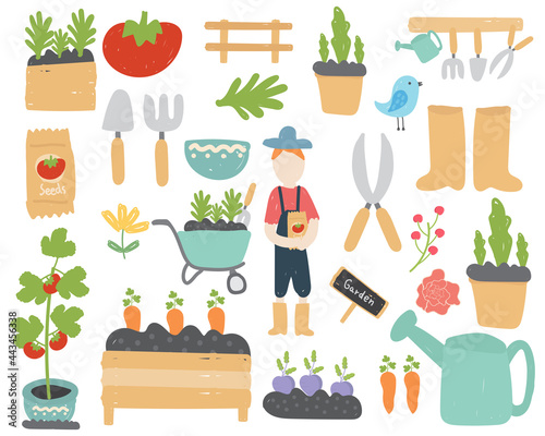 Gardening elements in hand drawn style. Garden tools icons. Vector illustration.