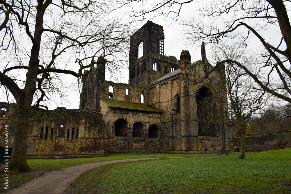 Beautiful landscape of the Kirkstall Abbey ruins, Leeds, England; taken in a rainy day of 2 April 2018.