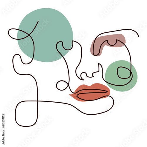 Abstract portrait of a girl drawn in one line with abstract colored spots. An illustration for printing on a T-shirt. Vector illustration.