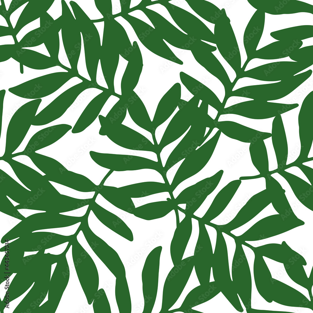 Vector seamless pattern of tropical green leaves overlapping each other on a white background for a design template. hand-drawn tropical leaf in doodle style, plant texture
