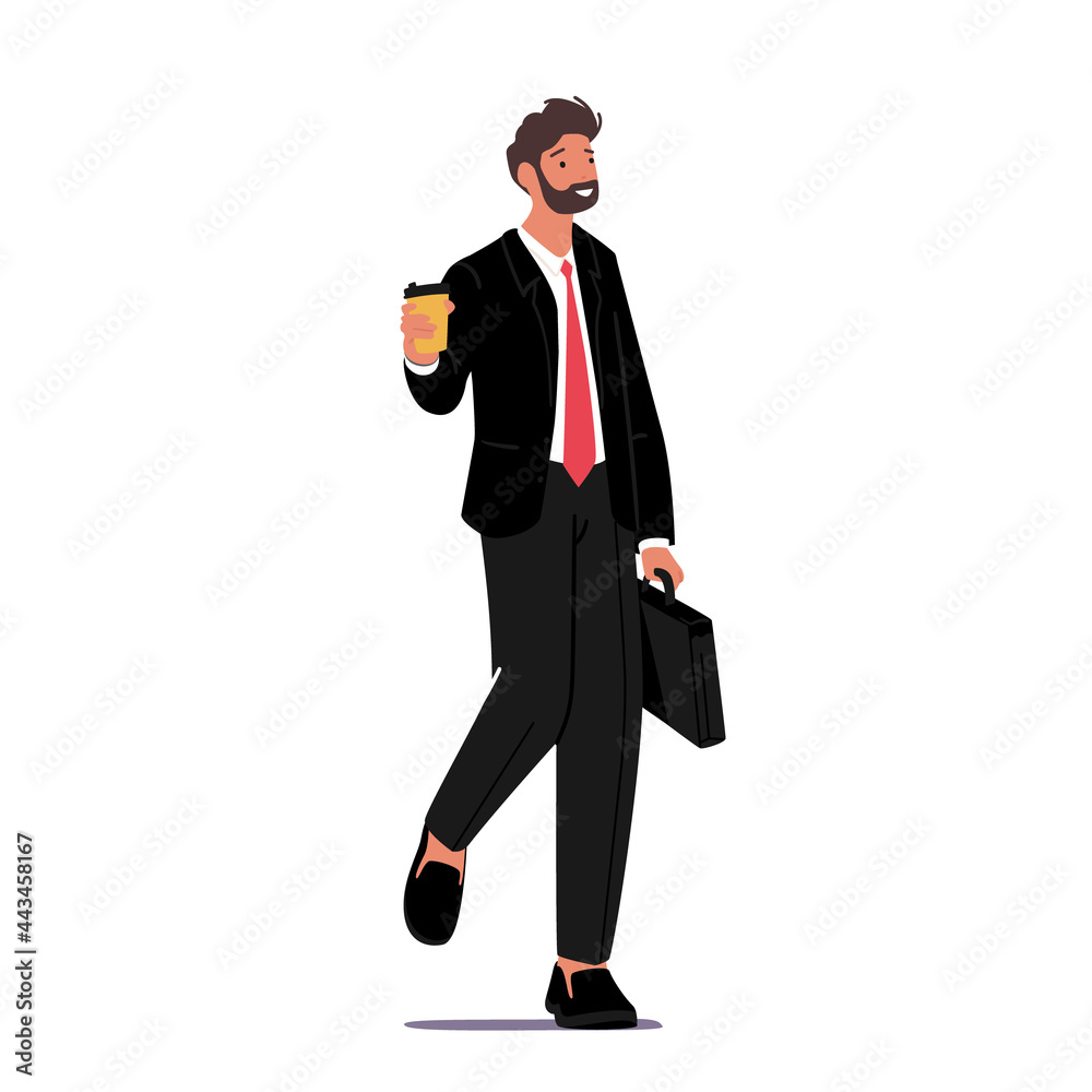 Young Business Man Character in Formal Wear and Hand Bag Drinking Coffee in Disposable Cup. Morning Takeaway Drink Young Business Man Character in Formal Wear and Hand Bag Drinking Coffee in Disposable Cup. Morning Takeaway Drink
