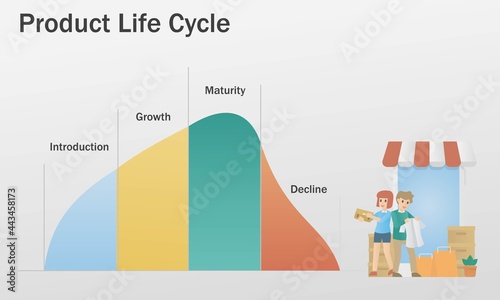 Product lifecycle management-PLM,4 Stage analysis stages are development, introduction, growth, maturity, and decline,business info marketing strategy,vector illustration.