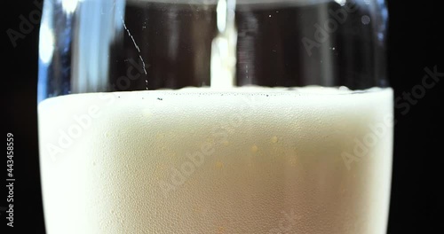 Cold beer is poured into a glass. Cold Light Beer in a glass with water drops. Freshness and froth.
