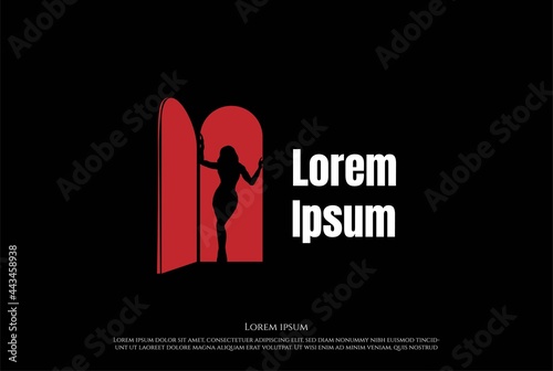 Hot Sexy Woman Girl Lady Female Silhouette with Red Door for Bar Nightclub or Strip Dancer Logo Design Vector