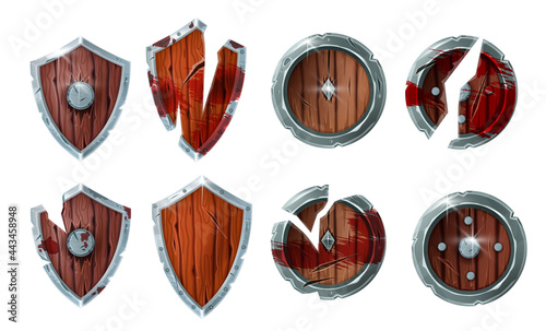 Game wooden broken shield vector medieval icon set, fantasy warrior battle armor collection. UI award concept, win or lose sign, Viking war equipment illustration. Damaged game shields on white