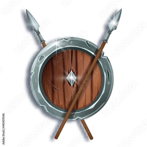 Game wooden vector shield illustration, fantasy medieval war equipment, iron spear, cartoon battle armor. Knight round metal protection inventory, RPG UI design object on white. Game shield icon