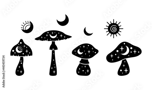 Boho mystical celestial mushrooms isolated cliparts set