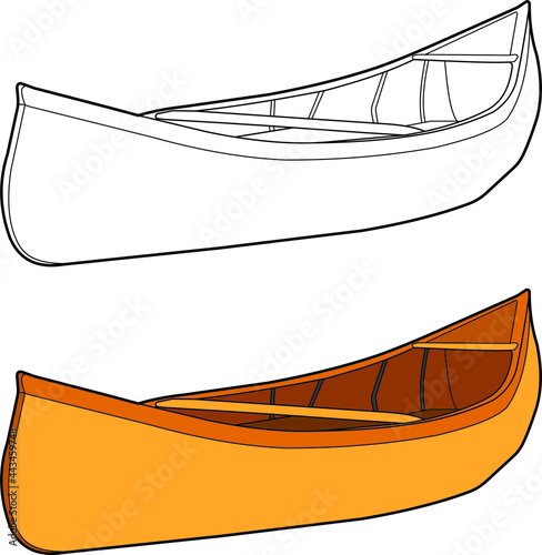 Canoe boat vector drawing line art with color