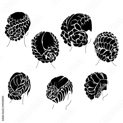 Set of silhouettes of hairstyles based on weaving, stylish shells and buns using braids