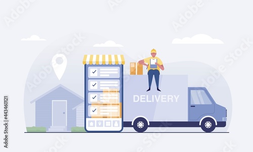 Online delivery van service concept. Box delivery man. Find customer address by mobile app. vector illustration