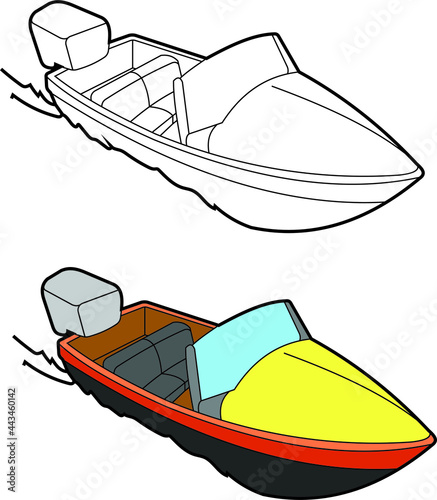 Motorboat vector drawing line art with color