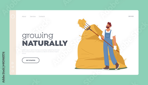 Farm Harvesting, Raking Hay Landing Page Template. Farmer Hold Pitchfork and Sticking in Haystack. Villager Agriculture