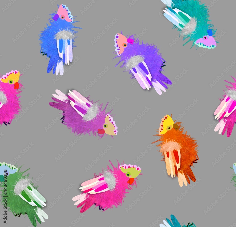 Obraz premium Abstract Hand Drawing Tropical Fluffy Cute Parrots Seamless Pattern Isolated Background