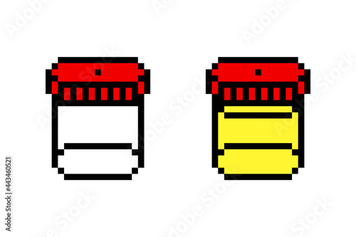Two plastic urine test containers (empty and full), pixel art icon isolated on white background. Urinalisys emblem. 8 bit medical analysis symbol. Health checkup. 2d computer, video game graphics.