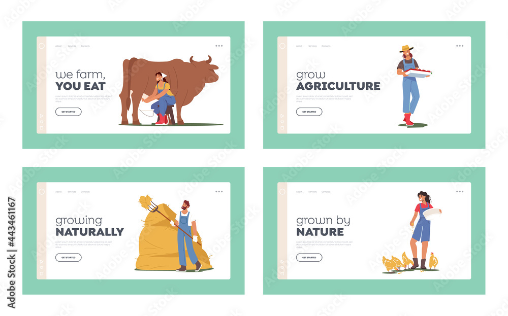 Farmer Characters Working on Farm Landing Page Template Set. People Doing Farming Job as Feeding Fowls and Animals