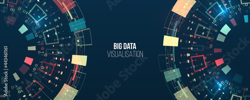 Wide Big data visualization. Information analytics concept. Abstract stream information with circles array and binary code. Filtering machine algorithms. Sorting data. Vector technology background.