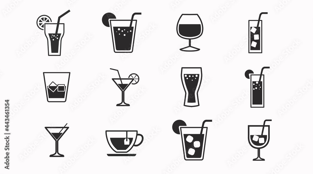 Drinks Icon Set. Vector isolated back and white set of different drinks Drinks Icon Set. Vector isolated back and white set of different drinks