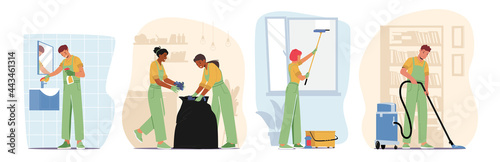 Set Characters in Uniform with Equipment Cleaning Windows, Bathroom and Living Room. Professional Cleaners Service