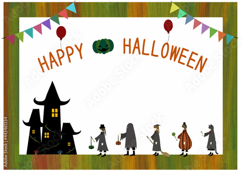 ハロウィンの仮装衣装の子供たちとロゴで飾られた、水彩画風手描きフレーム
