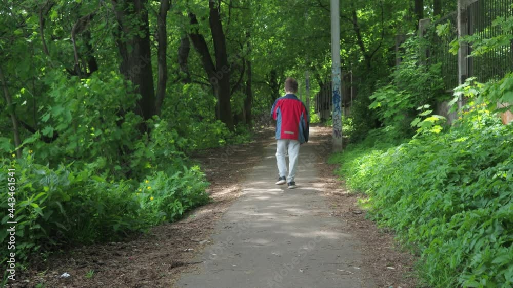 a boy is walking along the alley of the park in a sports jacket. pillars in graffiti. dean's a kid a boy is walking along the alley of the park in a sports jacket. pillars in graffiti. dean's a kid