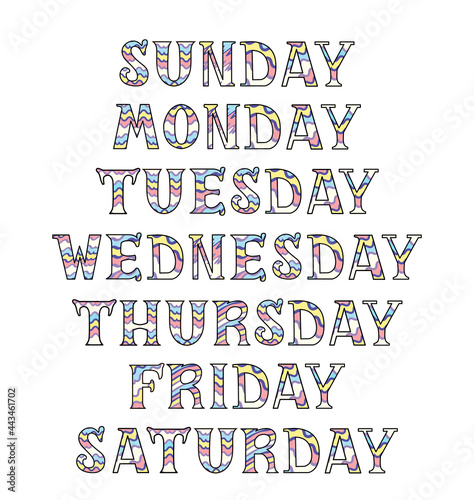 Multicolor striped names of days of the week handwritten in english language isolated on the white background. Vector photo