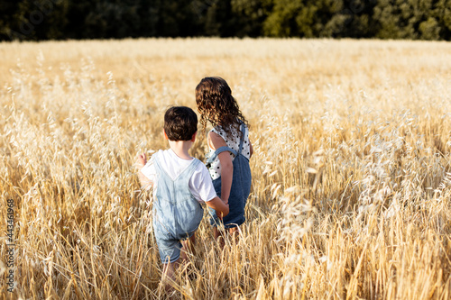 A children couple in a wheat field