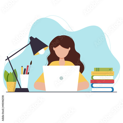 Girl with laptop, studying or working concept. Table with books, lamp, coffee cup. Vector illustration in flat style