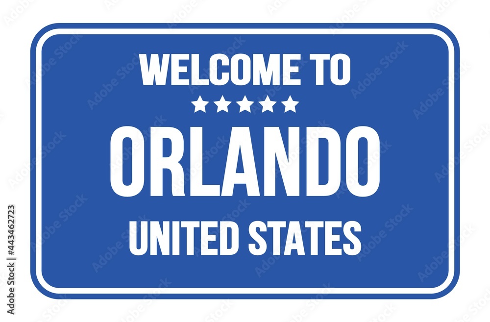WELCOME TO ORLANDO - UNITED STATES, words written on light blue street sign stamp