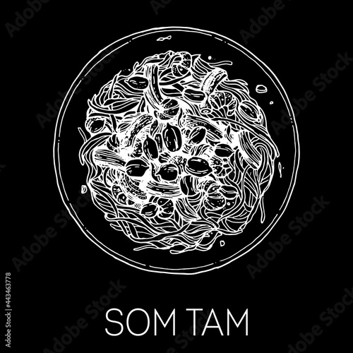 Som tam, spicy papaya salad, thai food. Hand drawn vector illustration. Sketch style. Top view. Vintage vector illustration.