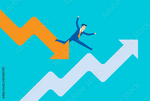 Businessman working on rise and fall arrows