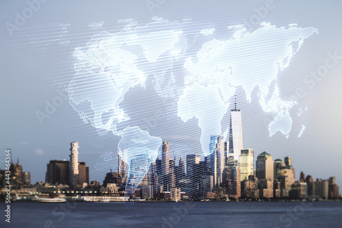 Double exposure of abstract digital world map hologram on New York city office buildings background, big data and blockchain concept