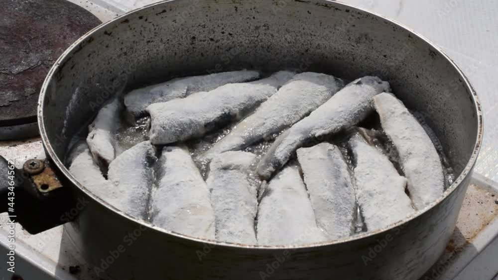 Frying breaded vendace fish in pan on portable electric stove outdoors. Cooking outside in summer. Zoom out