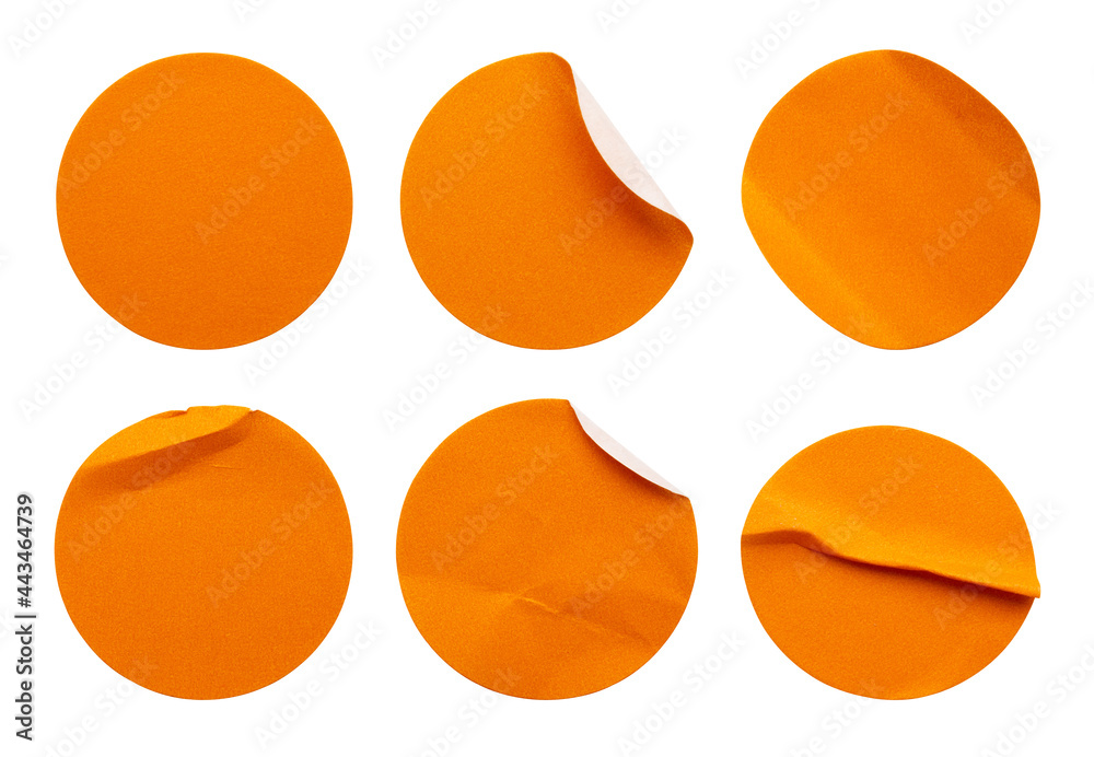 Blank orange round adhesive paper sticker label set collection isolated on white background - obrazy, fototapety, plakaty 