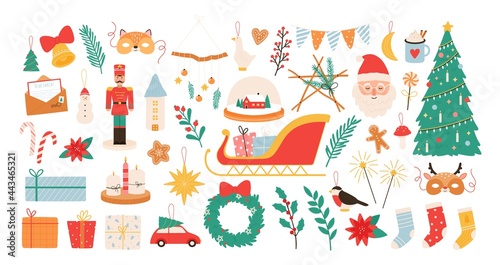 Christmas cartoon decorations and toys. New year and merry xmas decor elements, nutcracker, mistletoe, socks and santa stickers vector set