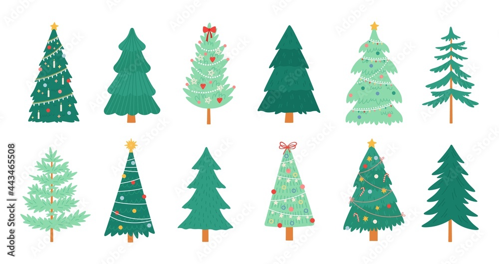 Christmas trees. Merry xmas decorated tree with candles, candy, toys, star and tinsel. New Year traditional winter holiday pine vector set