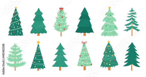 Christmas trees. Merry xmas decorated tree with candles, candy, toys, star and tinsel. New Year traditional winter holiday pine vector set
