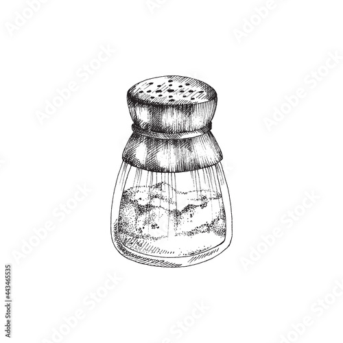 Hand drawn salt shaker utensil engraving monochrome vector illustration isolated.